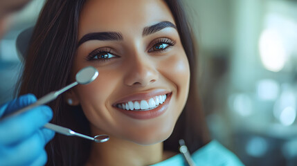 Woman smiles in dentist office while dental instruments are used; close-up shot with a wide-angle perspective