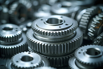 Close-up view of interlocking metallic gears arranged in a precise manner
