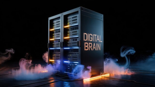 Server room with digital brain text, data center, cloud computing.