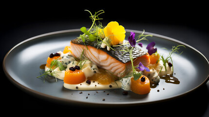 Deliciously plated salmon dish with vibrant garnishes and creative presentation at a fine dining restaurant
