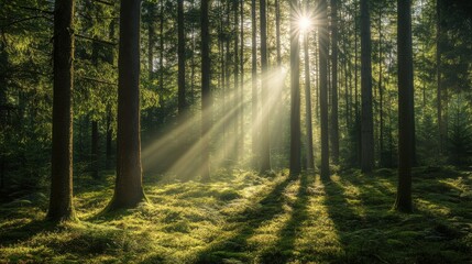 A photostock images of a forest with sunlight streaming through the trees