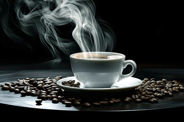 Warm cup of coffee surrounded by roasted beans with steam rising in a dimly lit setting
