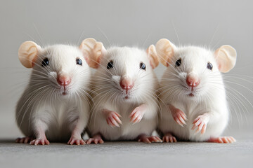 Three lab rats posing on a grey background