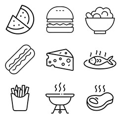 Food set icon illustration featuring various dishes for culinary and fast food concepts