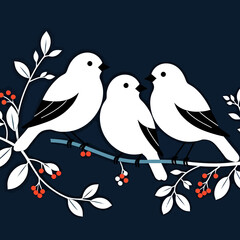 Three White Birds on a Branch Art- Whimsical Bird Illustration with Berries-Cute Bird Drawing for Home Decor-Stylish Bird Art Print for Nature Lovers