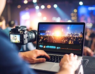 Person editing concert video on laptop