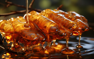 Golden syrup cascading over textured honeycomb, creating an enticing culinary display in a vibrant setting