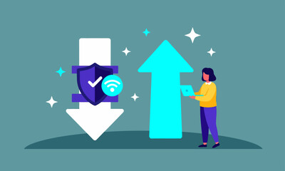 Secure Data Upload and Download.. Woman with laptop, up/down arrows, and secure Wi-Fi shield: secure data transfer and network protection.