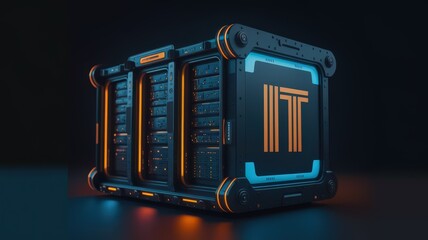 Server rack with IT logo, data center, futuristic design.