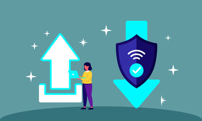 Secure Data Upload and Download.. Woman with laptop, up/down arrows, and secure Wi-Fi shield: secure data transfer and network protection.