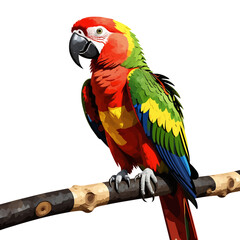 Fototapeta premium Vibrant Scarlet Macaw Perched on Branch-Stunning Tropical Bird with Colorful Plumage-Exotic Parrot Isolated on White Background-Wildlife Photography-Bird Watching-Nature Image