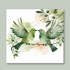 Watercolor Birds in Love on Branch Art-Green Bird Couple Illustration-Elegant Nature Painting with Olive Leaves-Romantic Bird Art for Home Decor