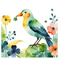 Watercolor Bird with Clover and Flowers - St Patricks Day Watercolor Art - Spring Bird with Floral Accents - Lucky Bird Illustration for St Patrick's Day