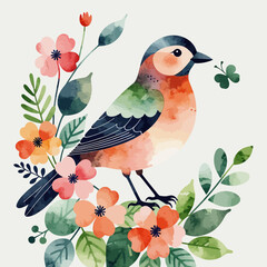 Watercolor Bird with Flowers-Whimsical Illustration of Bird on Floral Branch-Nature Inspired Artwork with Bird and Clover-Perfect for Spring Decor