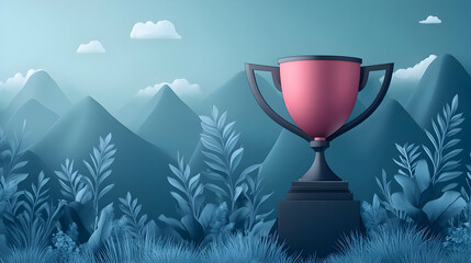 Pink Trophy on Black Pedestal Amidst Blue Mountains and Foliage