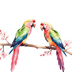 Watercolor Parrot Illustration-Beautiful Tropical Birds on Branch with Cherry Blossoms-Vibrant Bird Art-Perfect for Nature Lovers-Exotic Wildlife Painting