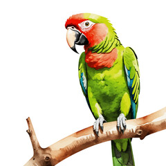 Watercolor Parrot Illustration-Vibrant Green and Red Plumage-Perched on a Branch-Exotic Bird Art-Tropical Wildlife Painting-Detailed Bird Portrait-Nature Inspired Artwork