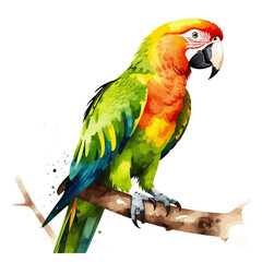 Watercolor Parrot Illustration-Tropical Bird Art-Exotic Animal Painting-Green Yellow and Orange Macaw Perched on Branch-Vibrant Bird Portrait-Nature Artwork