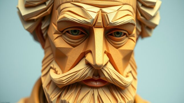  Stylized wooden bust with geometric carvings and lifelike expression on a pastel backdrop.