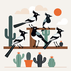 Whimsical Desert Scene with Magpies and Cacti-Charming Bird Illustration-Southwestern Art Print-Playful Desert Landscape-Unique Bird and Cactus Design-Nature Inspired Art