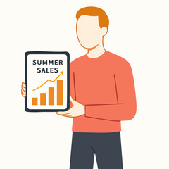 Minimalist Line Drawing Man Holding Tablet Showing Summer Sales Graph Illustration