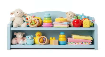 Obraz premium Colorful baby toys on wooden shelf