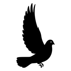 A black silhouette of a pigeon in flight.