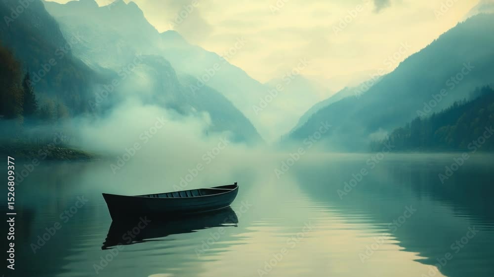 Poster a small boat floats on the surface of a calm lake, with surrounding trees and foliage