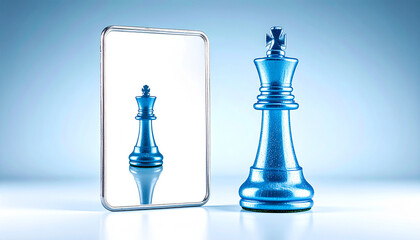 Blue chess king piece stands as metaphor for self reflection showing different chess piece in mirror with calm blue background