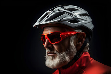 Cyclist in profile wearing helmet and sunglasses during evening training session indoors