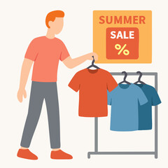 Flat Style Illustration Man Choosing Shirt During Summer Sale Promotion