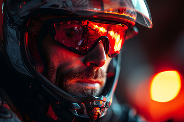 Cyclist with protective gear gazes thoughtfully at a rugged urban landscape during a winter ride
