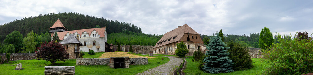 Panoramic view of the Lazar castle build between the 16-17 century located in Romania, Gyergyoszarhegy in hungarian, Lazarea in romanian.