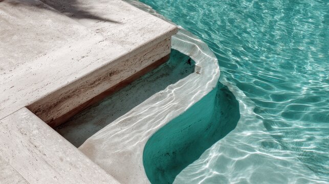 Bright sunlight casting golden reflections on crystal clear turquoise pool water, highlighting polished travertine marble steps with serene, luxurious ambiance
