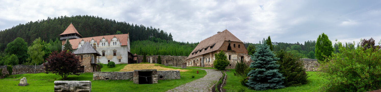 Panoramic view of the Lazar castle build between the 16-17 century located in Romania, Gyergyoszarhegy in hungarian, Lazarea in romanian.
