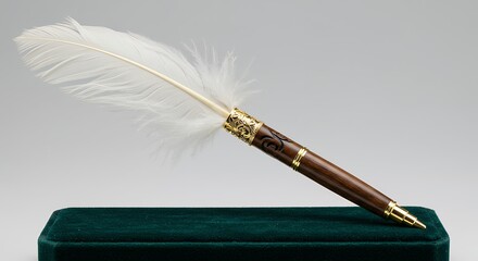 Elegant feather pen on dark velvet display