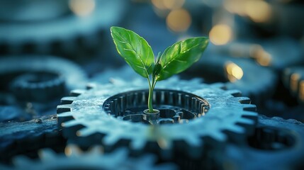 A small plant sprouting from a gear, symbolizing eco-technology and industrial growth. Metallic cogs,and shallow depth of field represent green innovation and sustainability