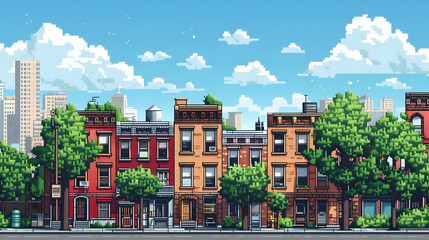 Obraz premium Pixel Art City Street on a Sunny Day