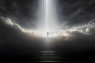 Man stands on stairs reaching towards a bright light in a mystical cloudy landscape
