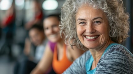 Fototapeta premium A smiling elderly woman with curly hair is happily posing with friends at a fitness center, reflecting the joy of an active lifestyle and sociable engagement.
