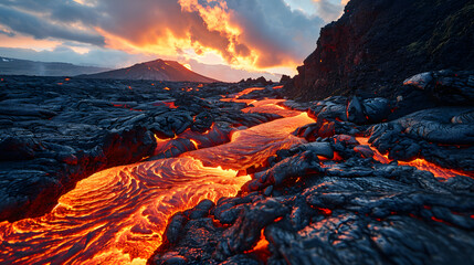 Volcanic eruption creating glowing lava river in a dramatic landscape during sunset