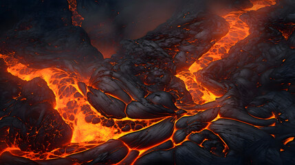 Volcanic eruption creating glowing lava river in a dramatic landscape during sunset