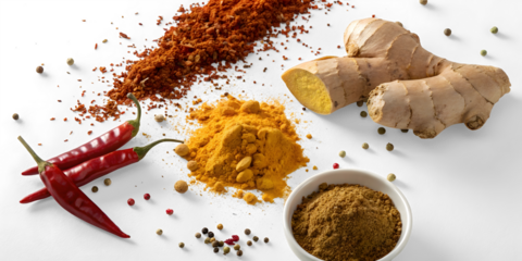 Curry, curcuma, pepper, cayenne, ginger, turmeric spices powder isolated on white or transparent background