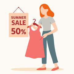 Minimalist Flat Illustration of Woman Holding Dress for Summer Sale Promotion