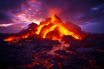 Majestic volcanic eruption with lava flow at twilight illuminating the rocky landscape