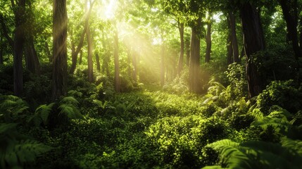 Obraz premium Lush green forest with dappled sunlight filtering through leaves, woods, sunlight