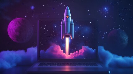 Launching Space Rocket From Laptop Screen. Generative AI