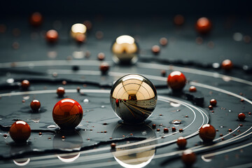 Spherical objects reflect light on a sleek, dark surface creating an intriguing visual effect during a creative science experiment