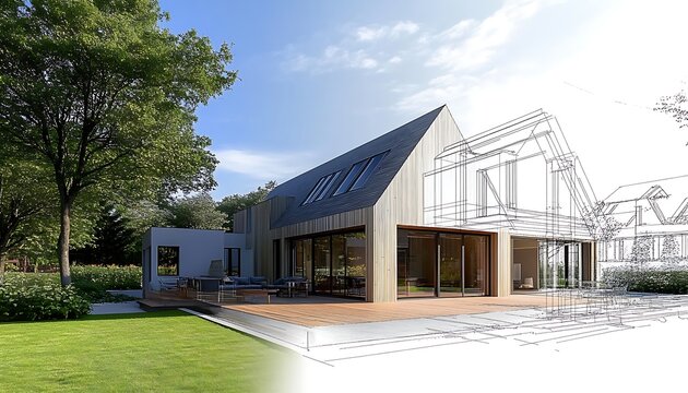 Detailed architectural model of house sits on blueprints, showcasing construction plans and rolled up drawings