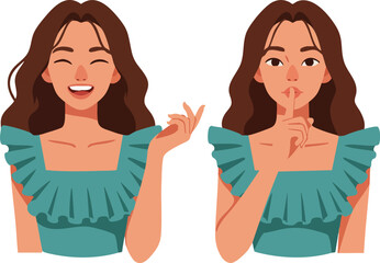 Woman showing happy and silence gestures in teal dress vector illustration for communication concept